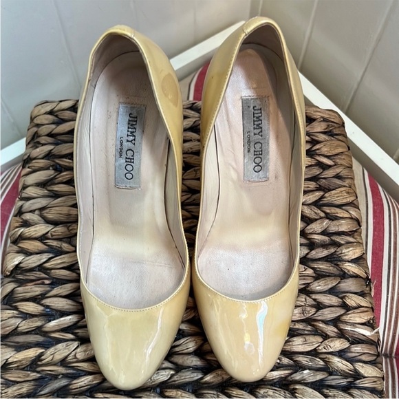 Jimmy Choo Patent Leather Cosmic Platform Heels in Nude Cream Beige - Picture 10 of 16